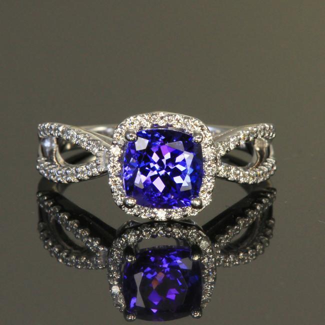 Cushion Shape Blue Tanzanite And Round Diamond White Gold Gemstone Ring