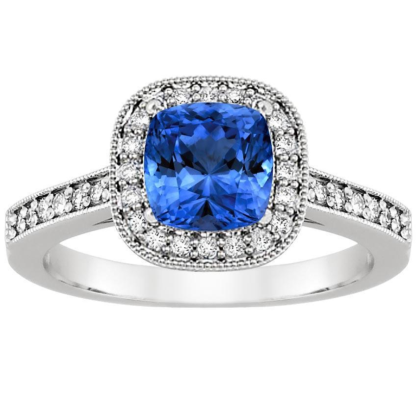 Cushion Sri Lanka Blue Sapphire Diamonds Ring White Gold Gemstone Ring