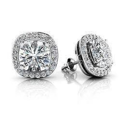 New Cushion With Round Diamond Halo Ladies Stud Earring White Gold