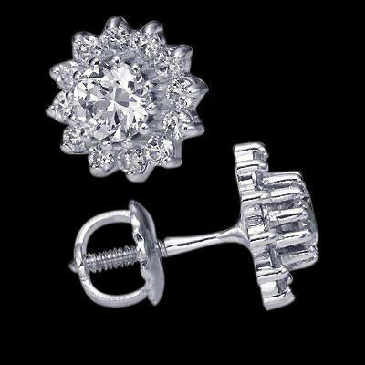 Screw Back Woman's White Gold Weeding Anniversary Studs Halo Earrings
