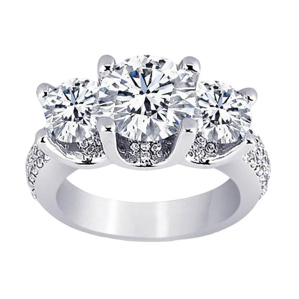 Diamonds Pave Three Stone Engagement Ring White Gold 14K 4.11 Carat Three Stone Ring