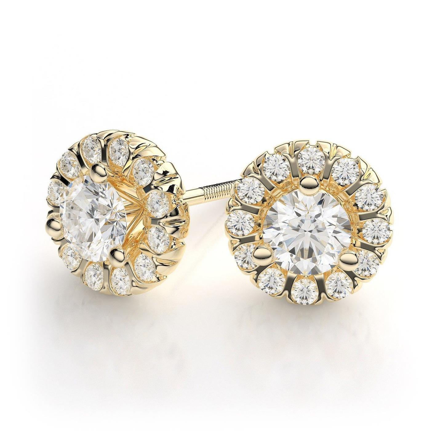 Diamonds Women Studs Halo Earrings Yellow Gold Halo Stud Earrings