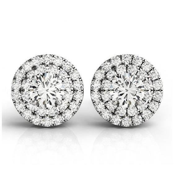 Double Halo Round Diamonds Lady Studs Earrings White Gold