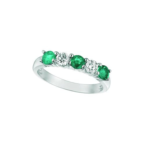 Emerald And Diamond 5 Stones Eternity Ring 0.4 Carats 14K White Ring