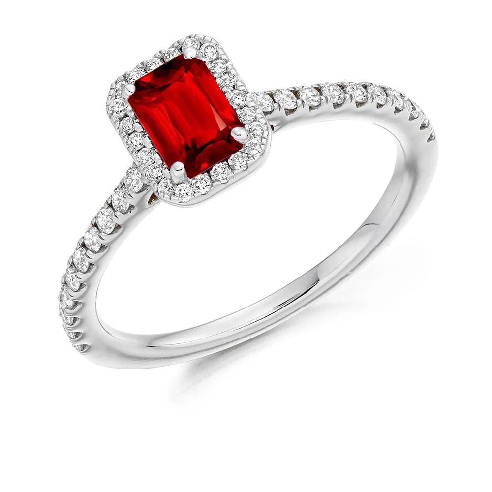 Emerald Cut Ruby Round Diamonds High Quality Wedding White Gold Gemstone Ring