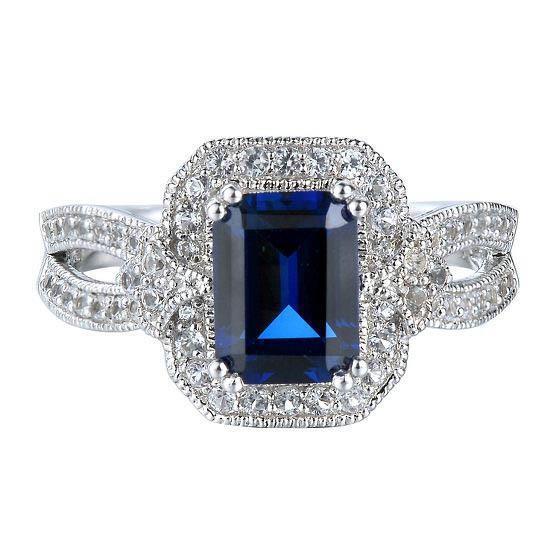Emerald Cut Sri Lanka Sapphire Diamond Ring White Gold 14K 3.5 Ct. Gemstone Ring