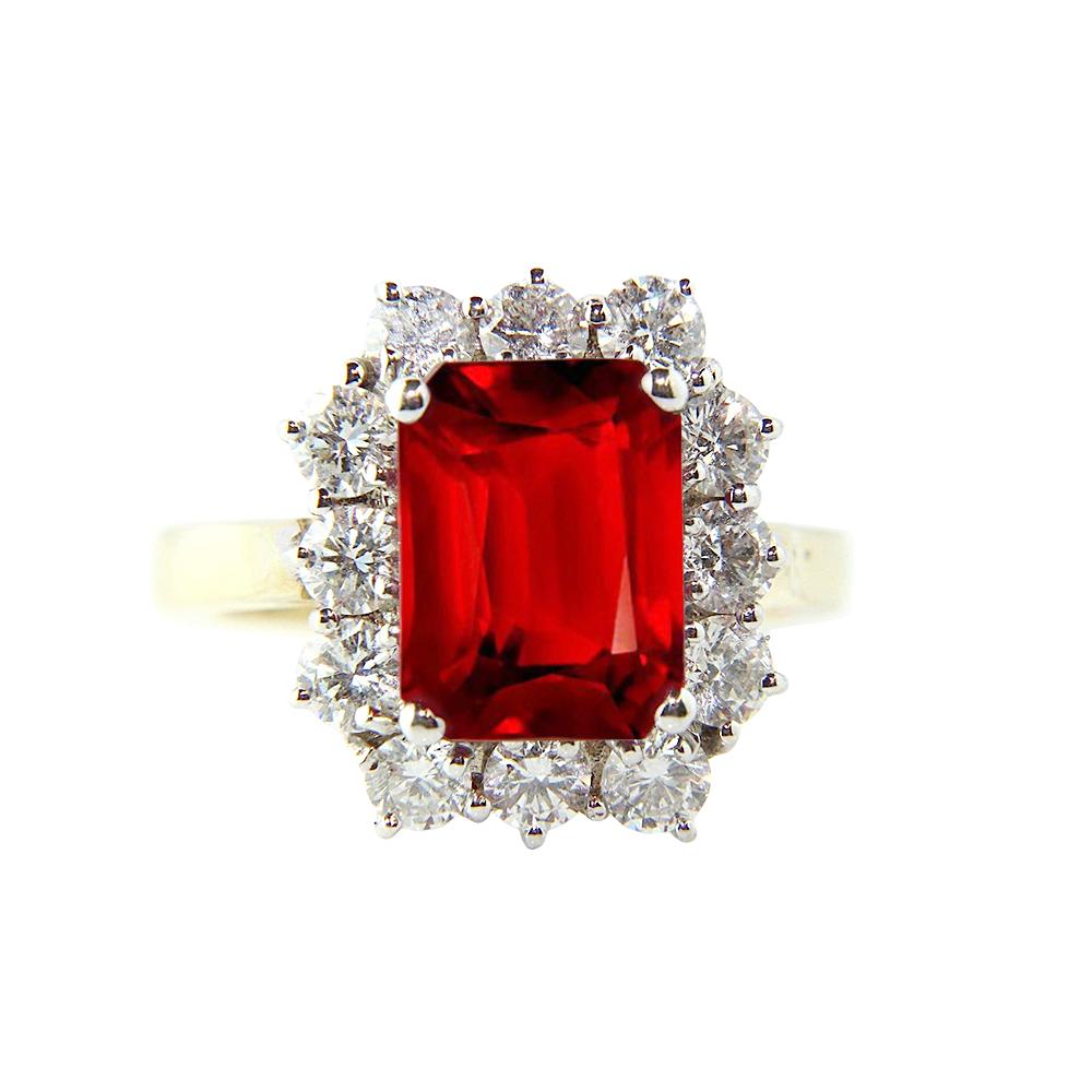 New Emerald Shape Red Ruby With Round Cut Diamond Gold Gemstone Ring