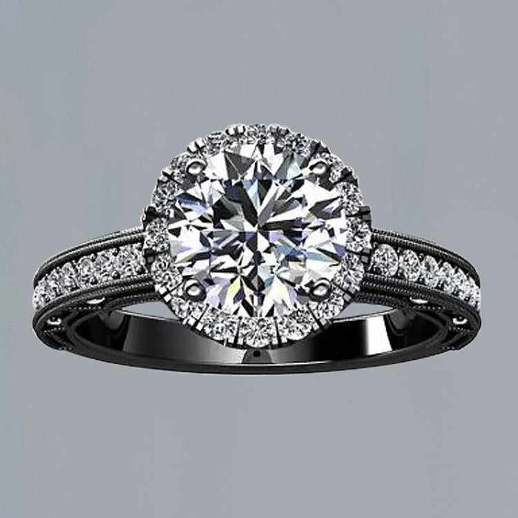 Flower Style 2.11 Carat Round Diamonds Engagement Halo Ring Black Gold 14K Halo Ring