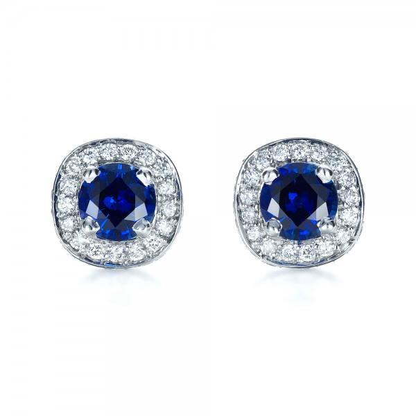 Four Prong Set Sapphire And Diamonds Studs White Gold Gemstone Earring
