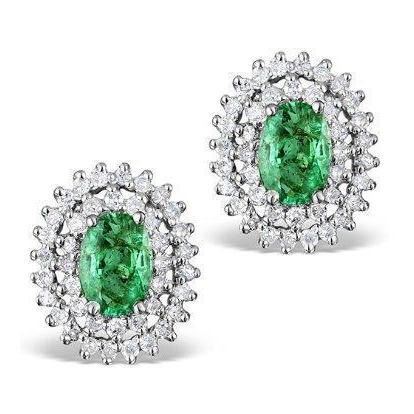 Ladies Stylish Green Emerald With Diamonds Studs Earrings White Gold Gemstone Earring