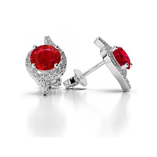 Halo Red Ruby And Diamonds Studs Earrings 5.30 Ct Prong Set White Gold Gemstone Earring