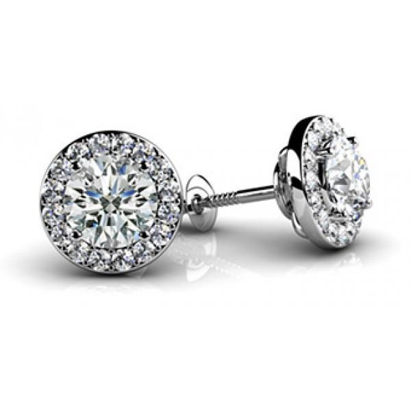 New Halo Round Cut Accent Diamond Stud Earring White Solid Gold Prong Set