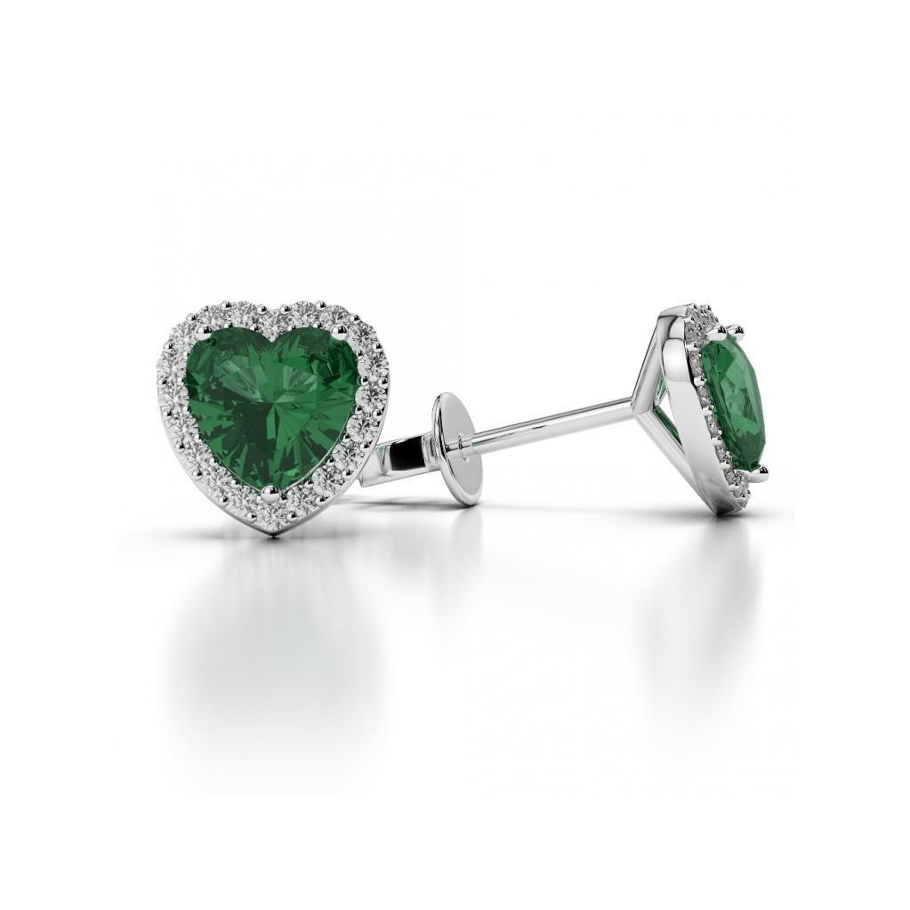 Heart Cut 4.40 Ct Green Emerald With Diamonds Studs Halo Earrings Gold Gemstone Earring