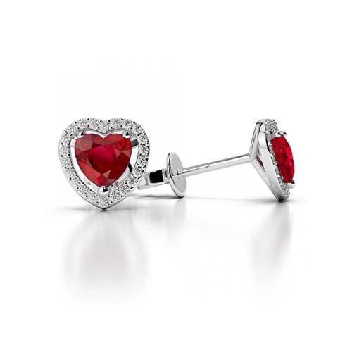 Heart Cut Ruby With Round Diamonds 2.70 Ct Lady Studs Halo White Gold Studs- Halo
