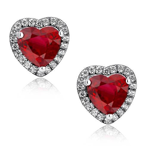 Heart Shape Woman's Weeding Anniversary Red Ruby And Diamond Stud Lady Halo Pair Gold Gemstone Earring