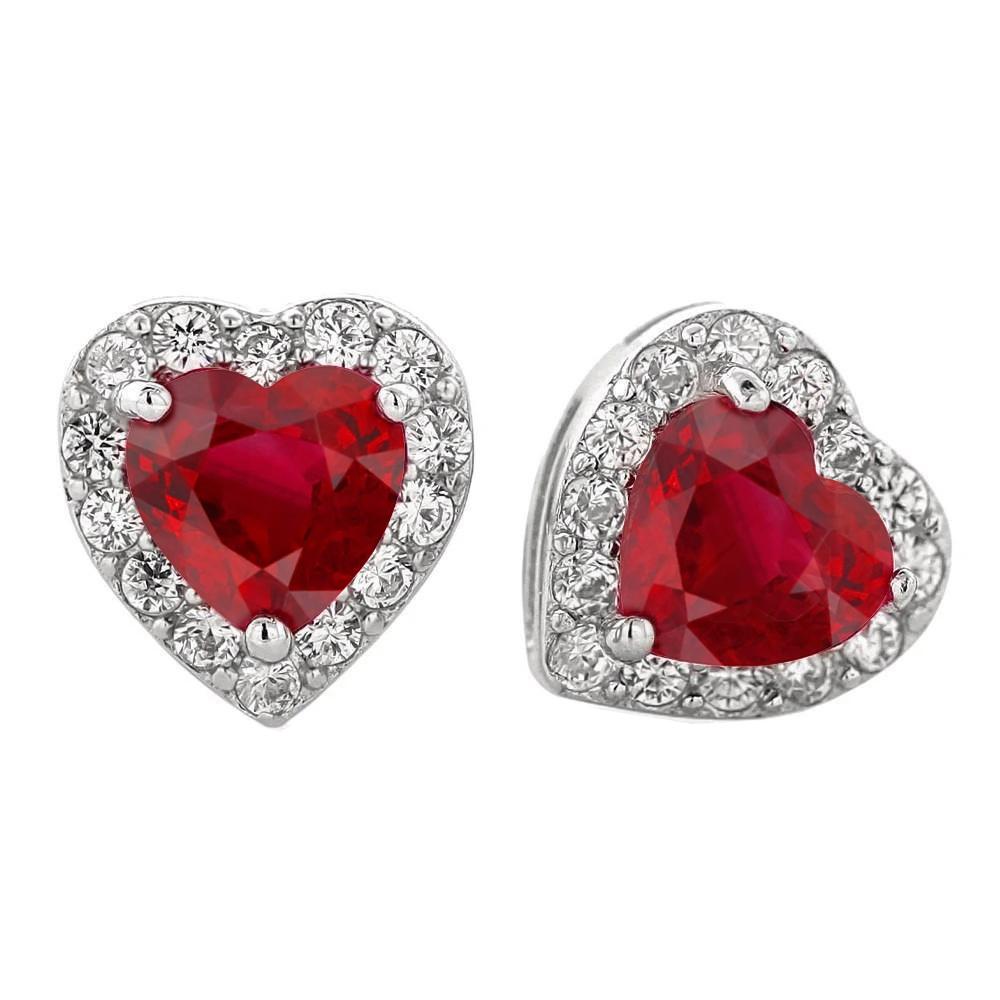 Heart Shape Ruby With Round Diamonds Studs Earring Gold