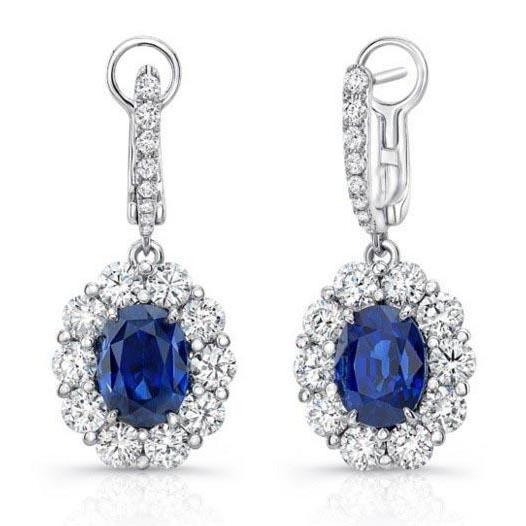 Ladies Dangle Earrings 6.00 Carats Sapphire And Diamonds White Gold Gemstone Earring