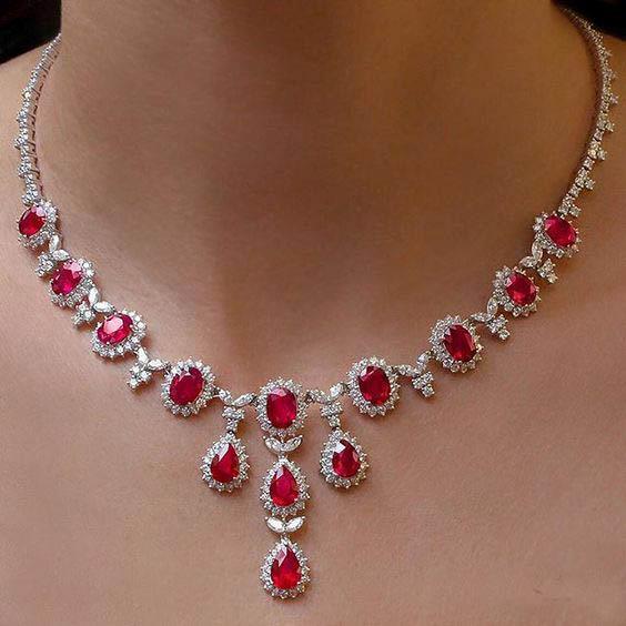 Ladies Ruby With Diamonds Necklace 48.00 Ct White Gold 14K Gemstone Necklace