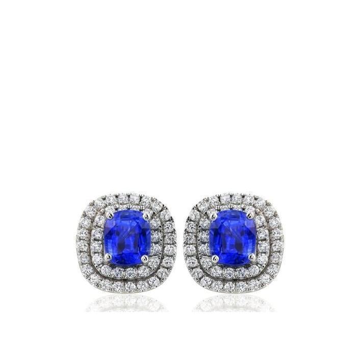 Fancy Princess Cut Style Studs Earrings Ceylon Sapphire With Halo Diamonds Gemstone Earring
