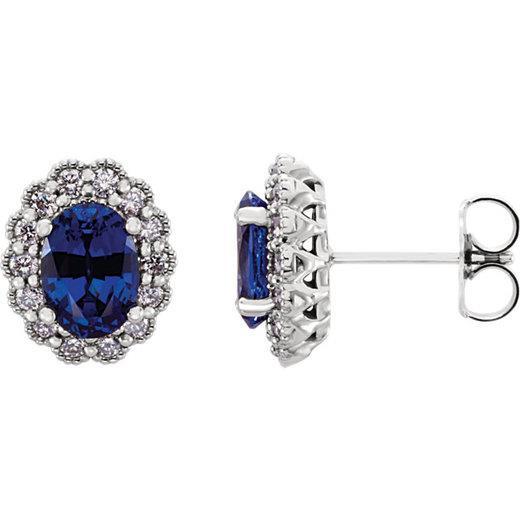 Ladies Brilliant Oval Cut Ceylon Sapphire Women Studs Earring White Gold