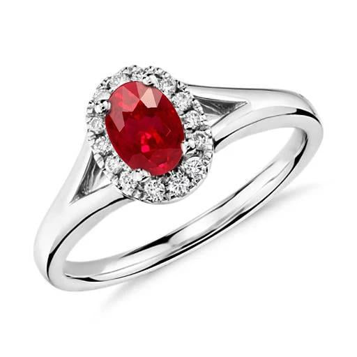 Oval Cut Red Ruby And Round Diamond Ring White Gold Elegant Woman's Gemstone Ring