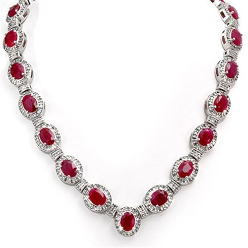 Oval Cut Ruby And Round Diamonds 35.50 Carats Lady Necklace Gold 14K Gemstone Necklace