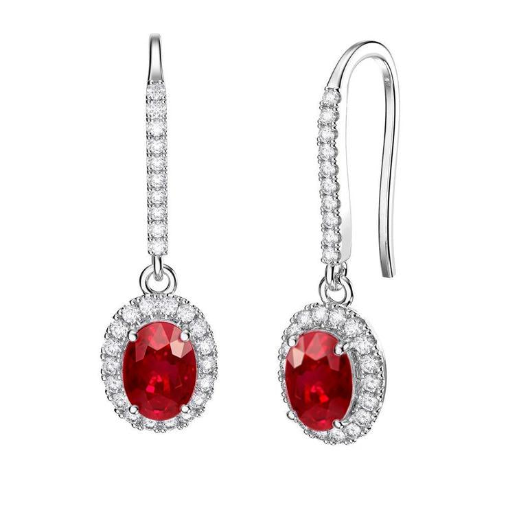 Lady’s great style Oval Ruby With Round Diamonds Dangle Earrings White Gold
