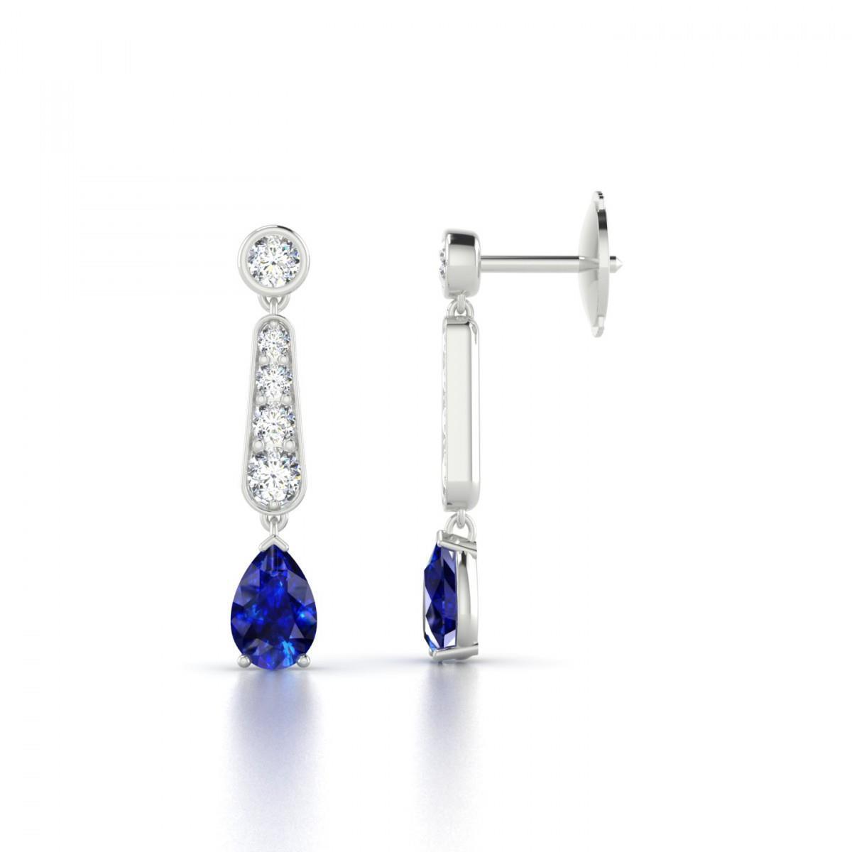Pear Cut Blue Ceylon Sapphire With Diamond Lady Dangle White Gold Gemstone Earring