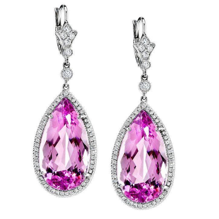 Pear Cut Pink Kunzite And Diamond Dangle Earring Pair White Gold Gemstone Earring