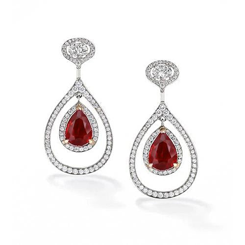 Woman's Weeding Anniversary Pear Cut Red Ruby And Diamond Dangle Earring Pair White Gold Gemstone Earring