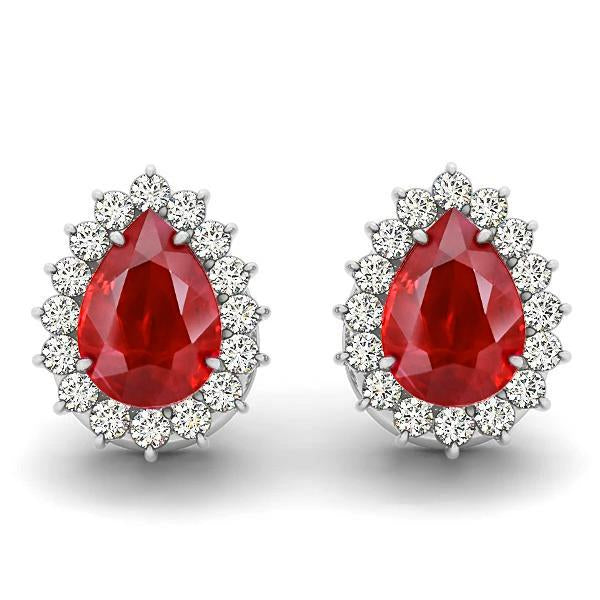 Pear Cut Ruby And Round Diamonds 7.50 Ct Studs Halo Earrings White Gold Gemstone Earring