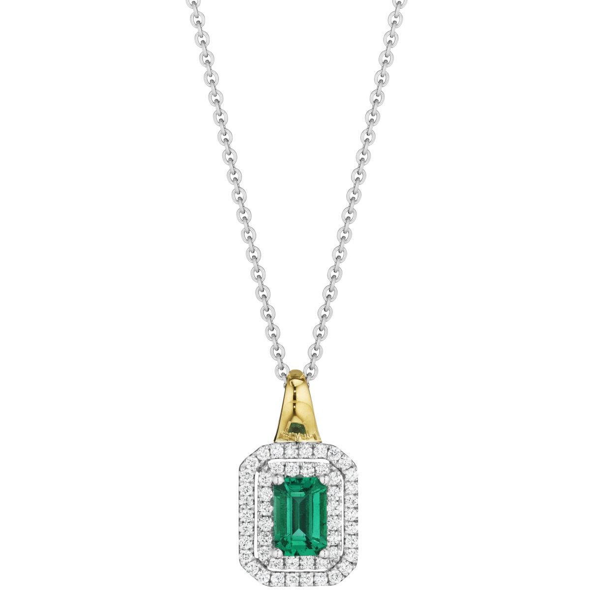Pendant Necklace Two Tone Gold 14K 3.80 Carats Emerald And Diamonds Pendant