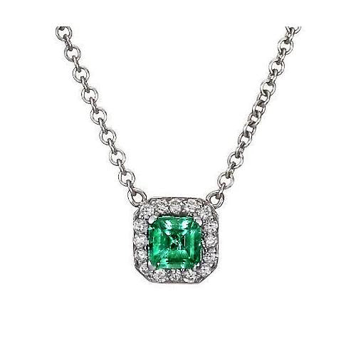 Pendant Necklace White Gold 14K 9 Ct Green Emerald With Diamonds Gemstone Pendant