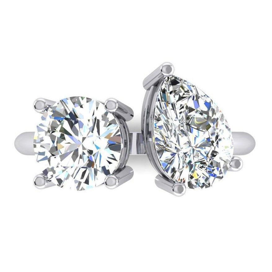 Sparkling Fancy Toi et Moi Two Stone Round & Pear Diamond Ring 4 Carats White Gold
