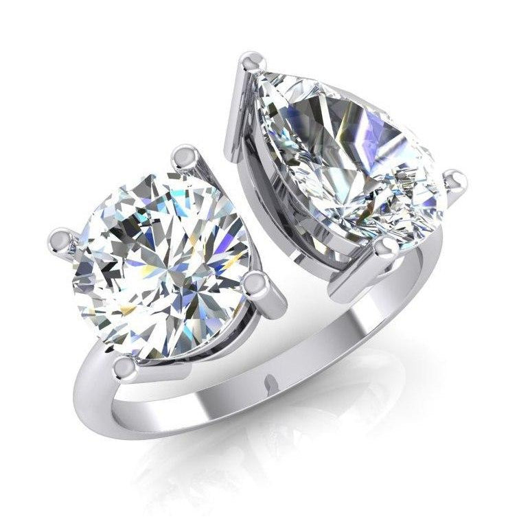 Sparkling Fancy Toi et Moi Two Stone Round & Pear Diamond Ring 4 Carats White Gold