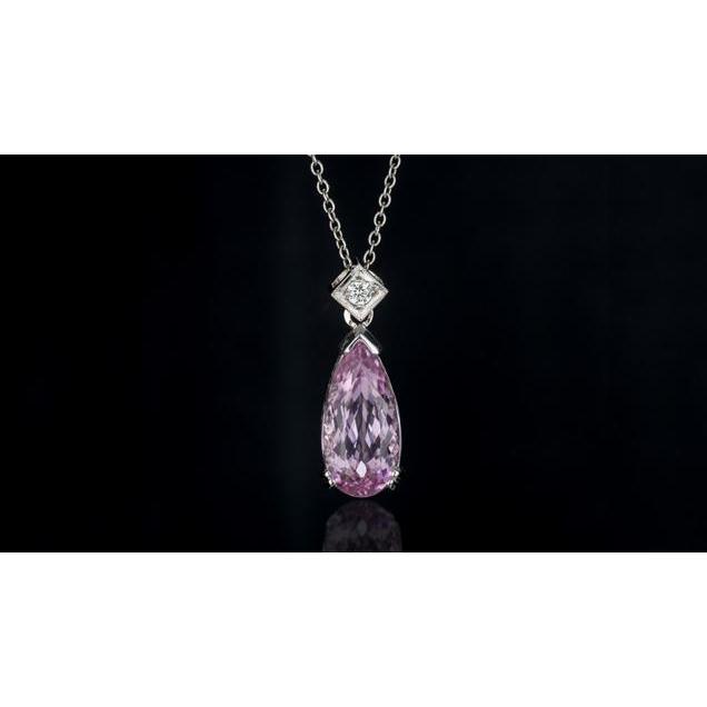 Pink Pear Cut Kunzite And Diamond Necklace Pendant Gold 14K Gemstone Pendant