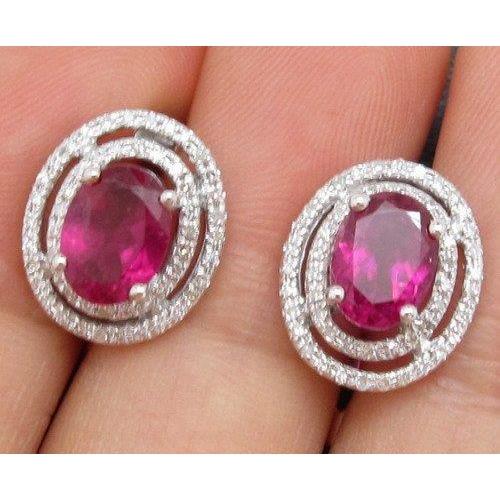 Sparkling Unique Pink Tourmaline And Diamond Halo Stud Women Earring White Gold