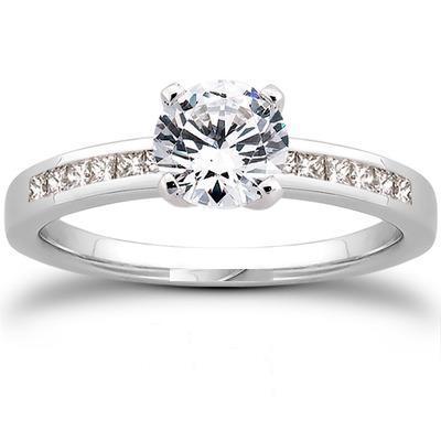 Princess And Round Diamonds Royal Engagement White Gold Solitaire Ring with Accents
