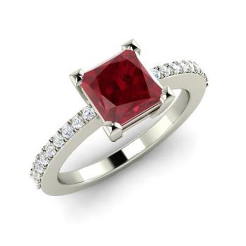 Princess And Round Cut 3.45 Ct. Ruby And Diamonds Ring White Gold 14K Gemstone Ring