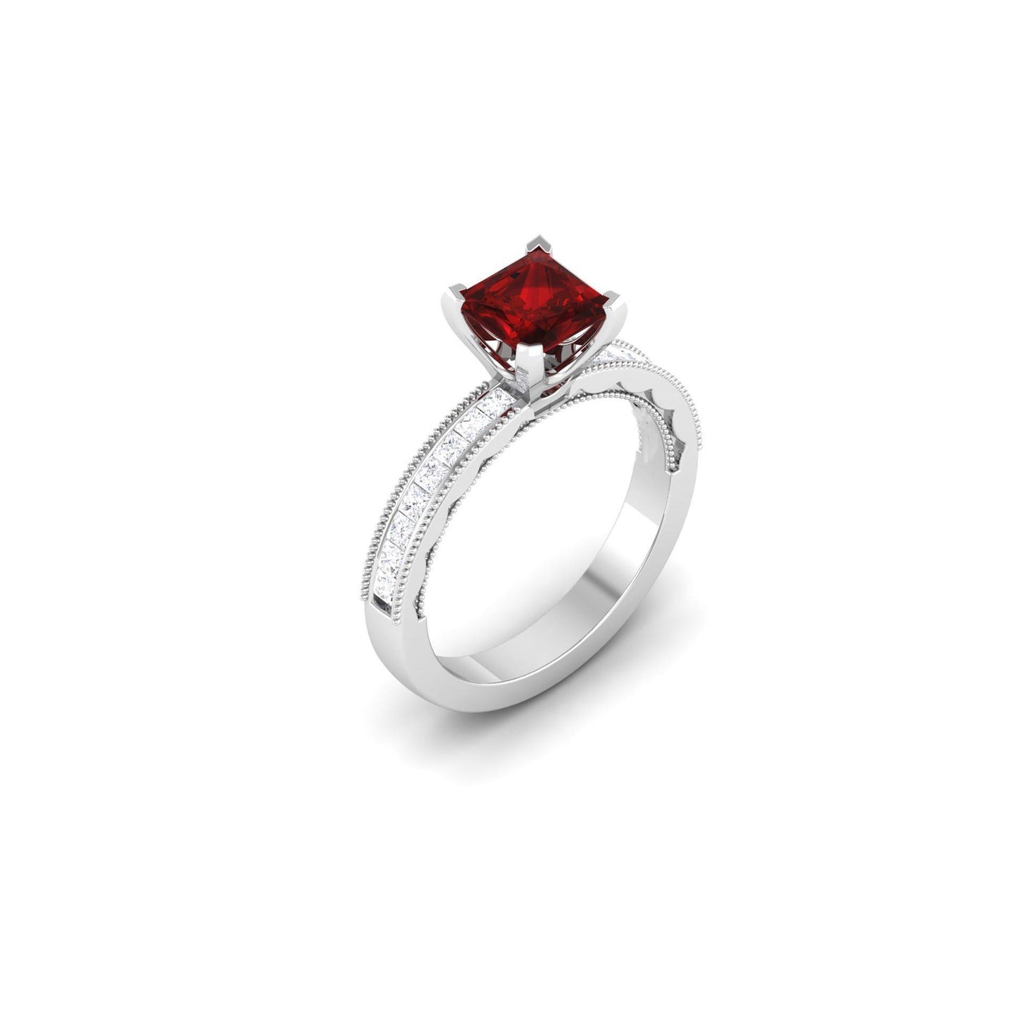 Princess Cut Lady’s Brilliant Ruby With Diamonds Wedding Ring Gold White Gemstone Ring