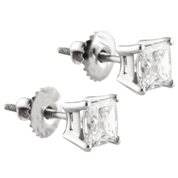 Princess Cut Diamonds Studs Earrings Gold White