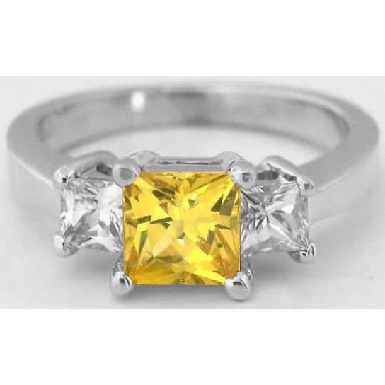 New Princess Cut Yellow Sapphire And Diamonds White Gold Gemstone Ring