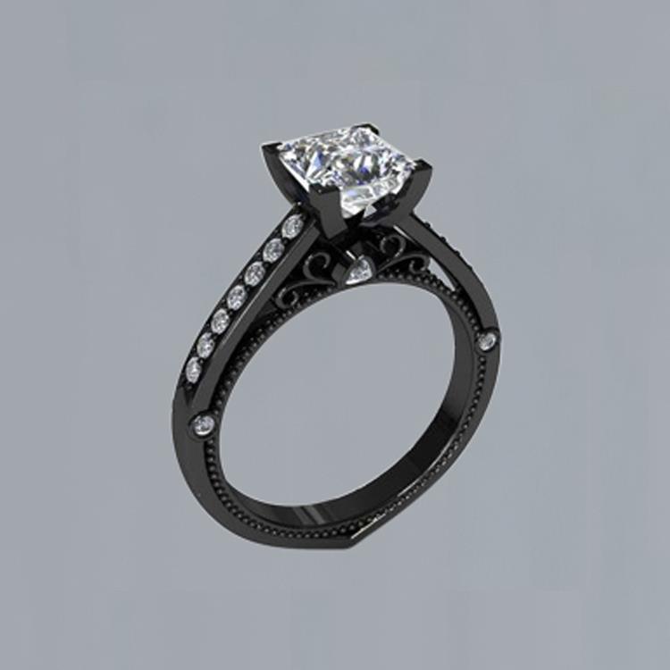 Princess & Round Diamonds Engagement White Gold Diamond Solitaire Ring with Accents