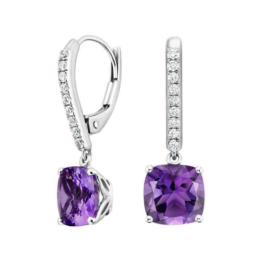 Prong Set Amethyst And Diamonds Dangle Earrings White Gold Gemstone Earring