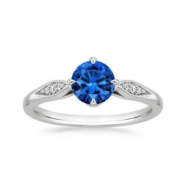 Prong Set Lady’s Brilliant Round Cut Ceylon Sapphire And Diamonds White Gold Gemstone Ring