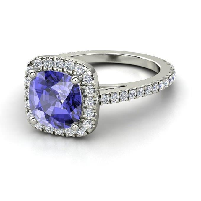Prong Set New Ladies Blue Tanzanite With Diamonds Ring White Gold Gemstone Ring
