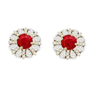 Lady’s Round Anniversary Ruby Diamond Cluster Women Studs Earrings Yellow Gold