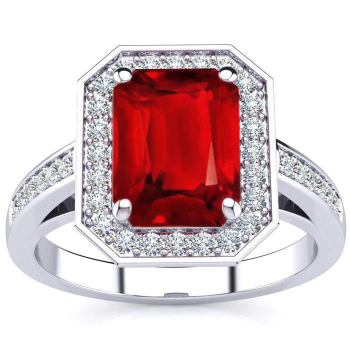 Prong Set Red Emerald Cut Ruby And Diamond Ring White Gold Jewelry Gemstone Ring