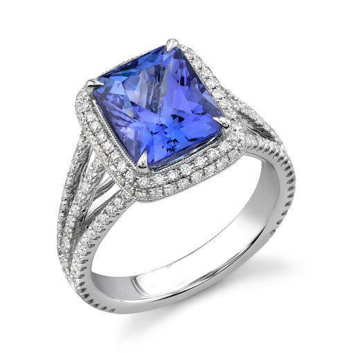 Prong Set Tanzanite And Diamonds Gorgeous fancy Wedding Gold White Gemstone Ring