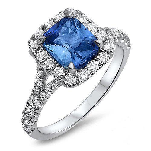 Fancy Lady’s Radiant Cut Ceylon Sapphire And Round Diamond White Gold Gemstone Ring